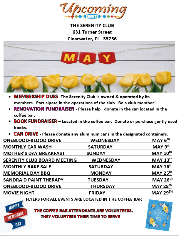 Monthly events flyer for Serenity Club of Clearwater